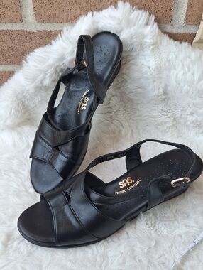 SAS Black Leather Tripad Comfort Wedge Sandals Size 10.5N